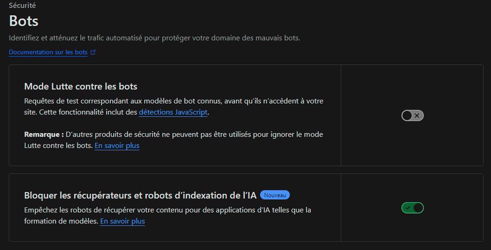 Option Cloudflare pour bloquer les robots AI